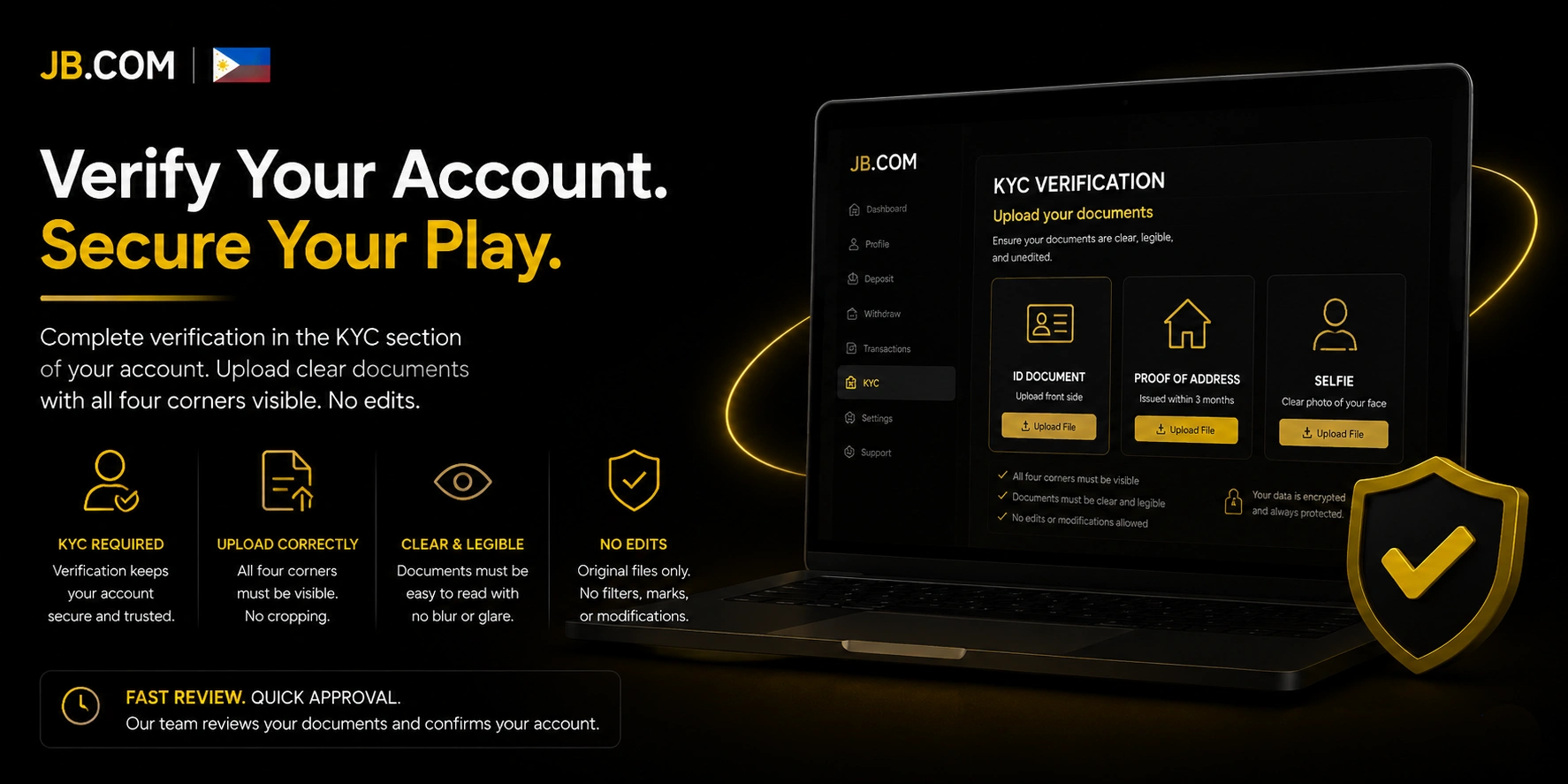 JB.com Philippines KYC verification screen – ID, address, selfie upload